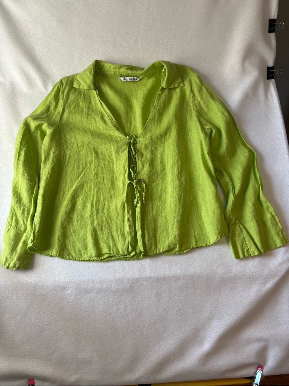 Zara Lime Tie-Front Linen-Blend Blouse Women